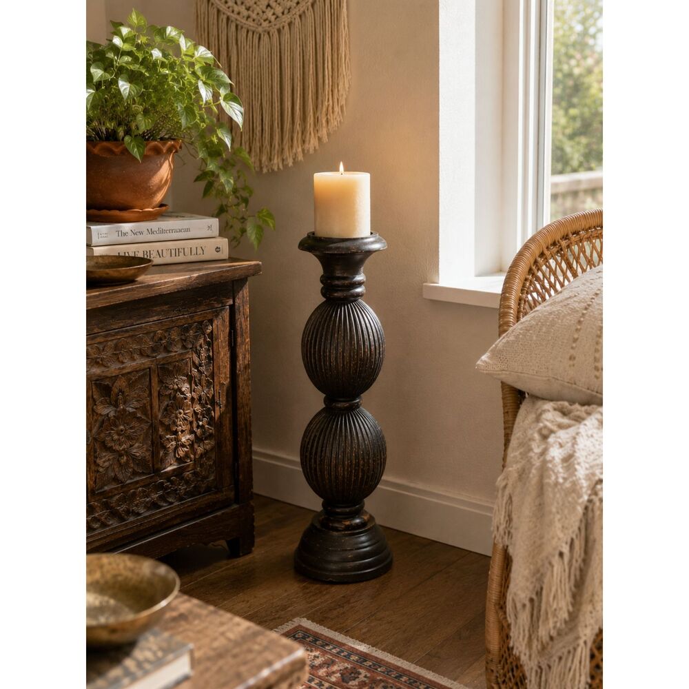 Vintage Hand Carved Wooden Floor Candle Holder | Rustic Ribbed Candlestick boho
